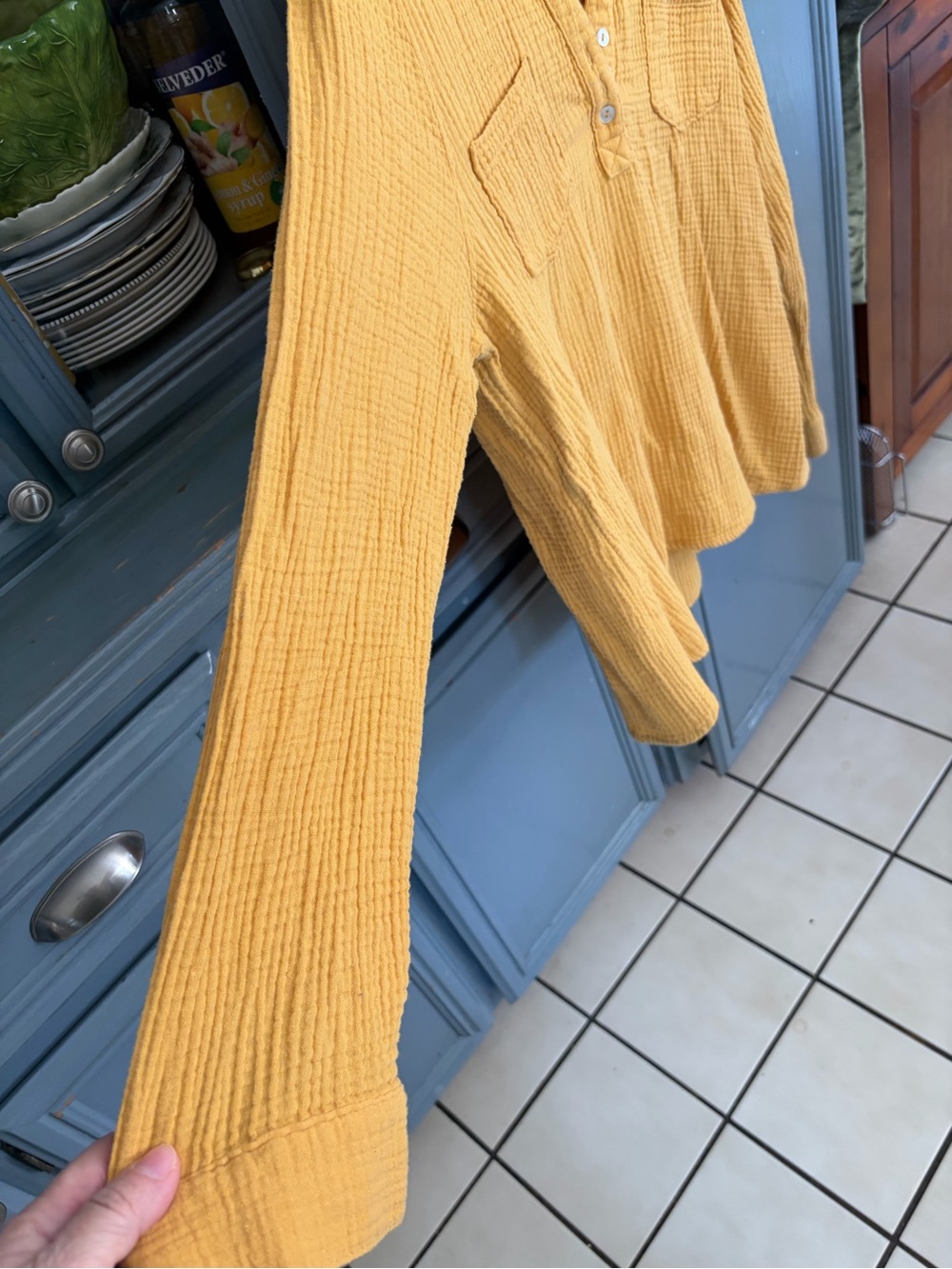 Relaxed Gauze Henley Tunic Top in Mustard - Picture 6 of 6